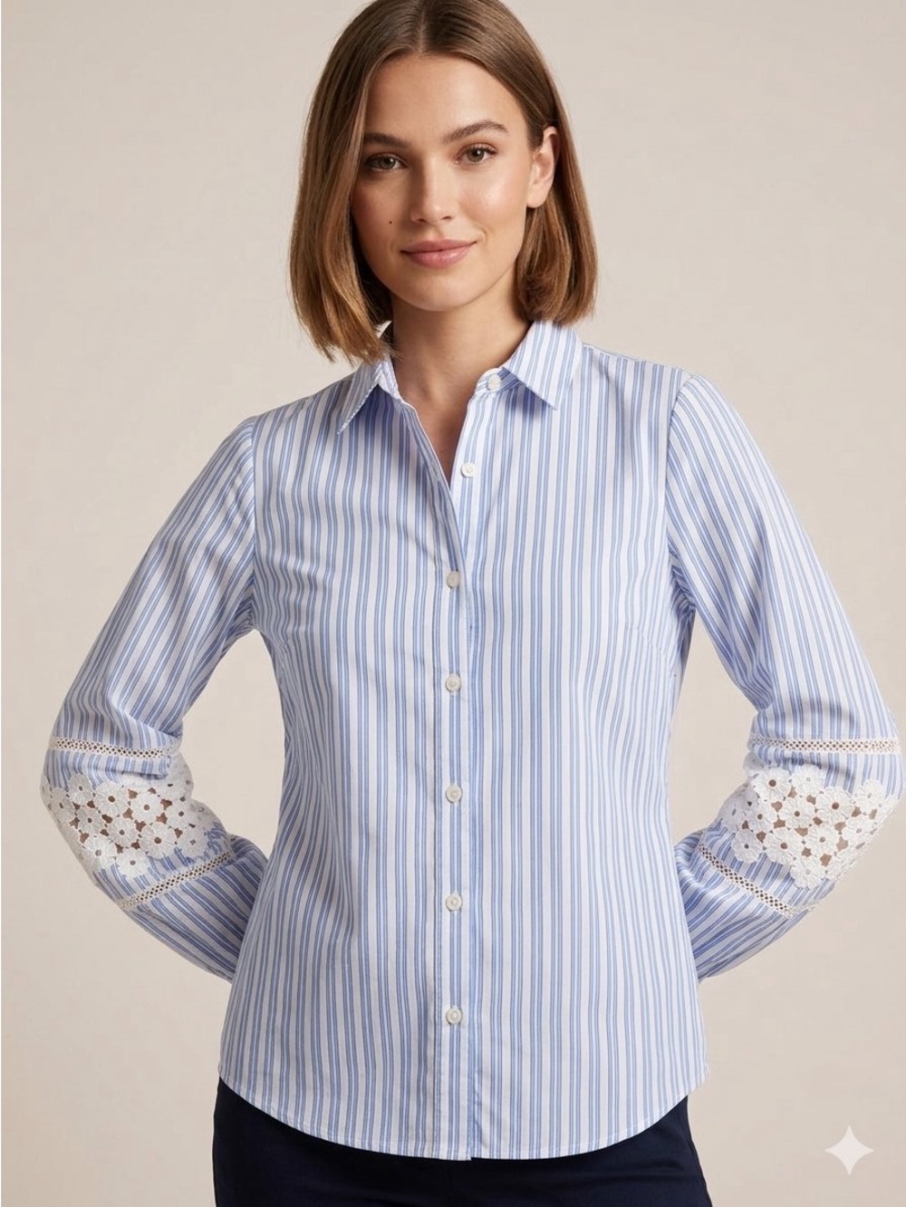 Karl Lagerfeld Paris Blue Striped Blouse Crochet Lace Sleeves XS